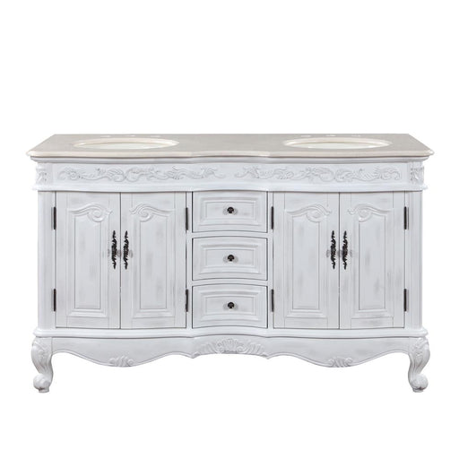 Silkroad Exclusive HYP-0145-CM-UIC-58 58" Antique White double sink vanity, front view on white