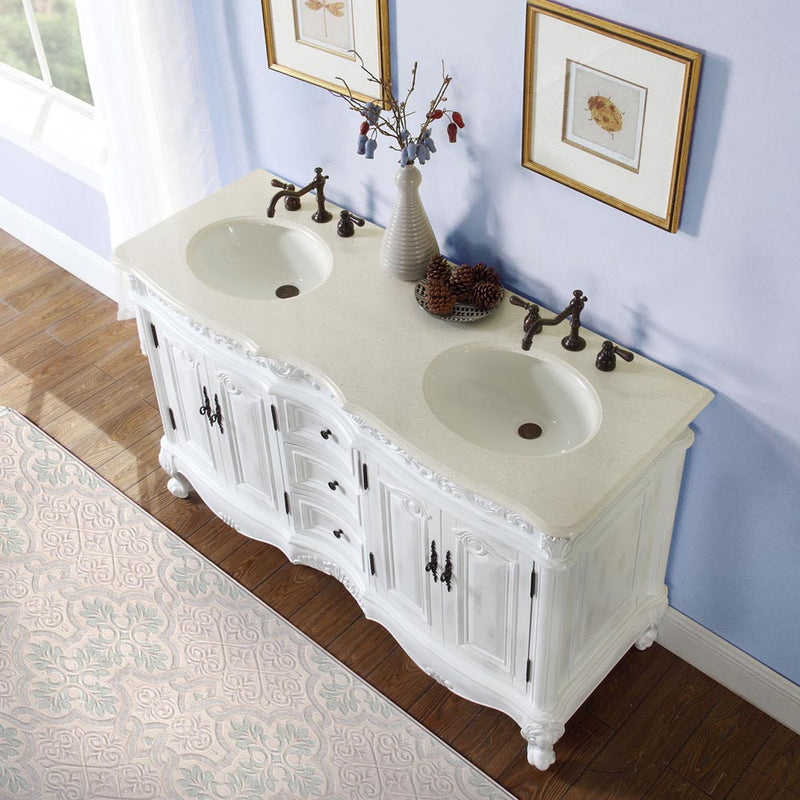 Silkroad Exclusive HYP-0145-CM-UIC-58 angled room view of the Crema Marfil top and two sinks