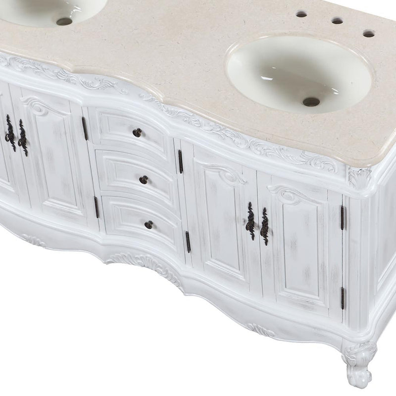 Silkroad Exclusive HYP-0145-CM-UIC-58 close-up of the ivory undermount sink and 3-hole drilling in Crema Marfil marble
