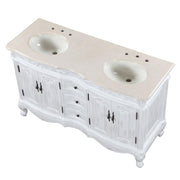 Silkroad Exclusive HYP-0145-CM-UIC-58 three-quarter view of the Crema Marfil top, two ivory sinks and faucet holes