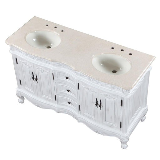 Silkroad Exclusive HYP-0145-CM-UIC-58 three-quarter view of the Crema Marfil top, two ivory sinks and faucet holes