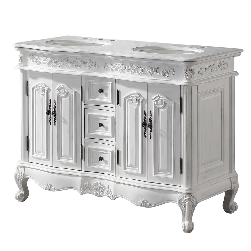 Silkroad Exclusive HYP-0145-WM-UWC-48 48" Antique White double sink vanity with Carrara White top, front view on white