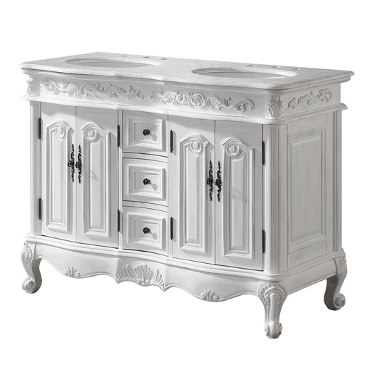 Silkroad Exclusive HYP-0145-WM-UWC-48 48" Antique White double sink vanity with Carrara White top, front view on white