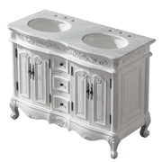 Silkroad Exclusive HYP-0145-WM-UWC-48 three-quarter view of the Carrara White marble top and two white sinks