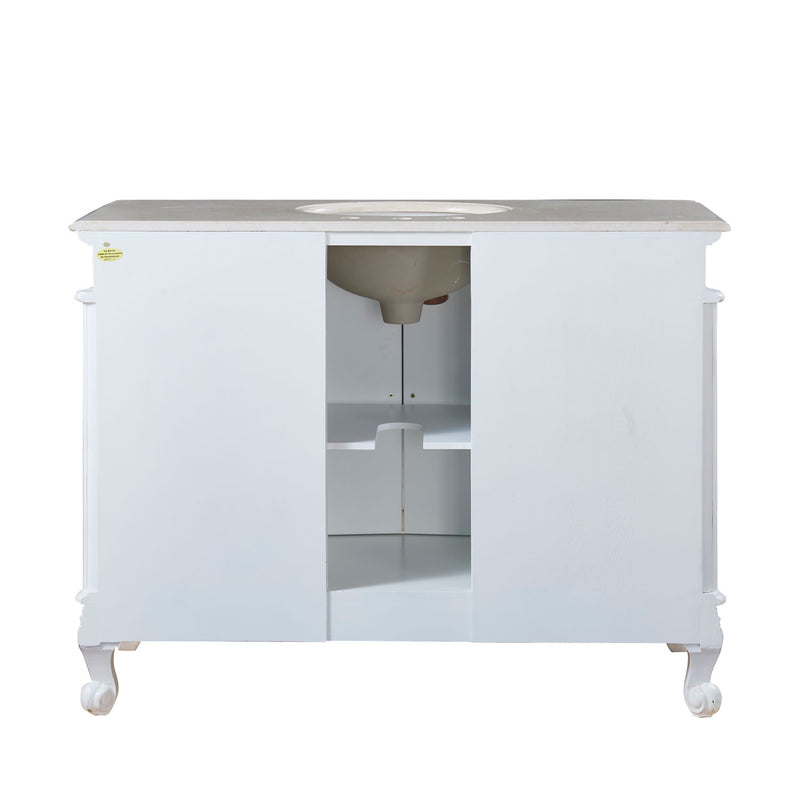 Silkroad Exclusive HYP-0152-CM-UWC-48 48" Antique White single sink vanity, back view showing the plumbing opening