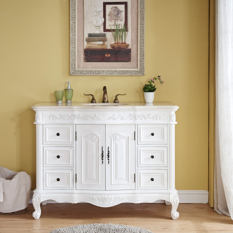 Silkroad Exclusive HYP-0152-CM-UWC-48 48" Antique White single sink vanity, installed in a bathroom, front view