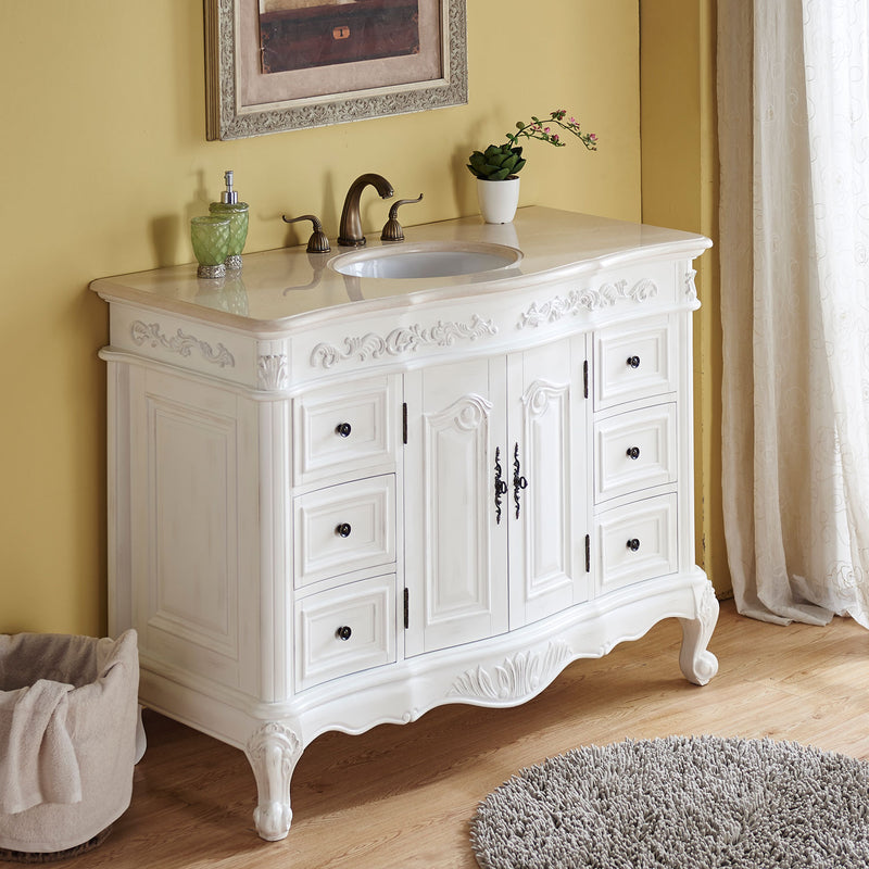 Silkroad Exclusive HYP-0152-CM-UWC-48 48" Antique White single sink vanity, installed in a bathroom, angled view