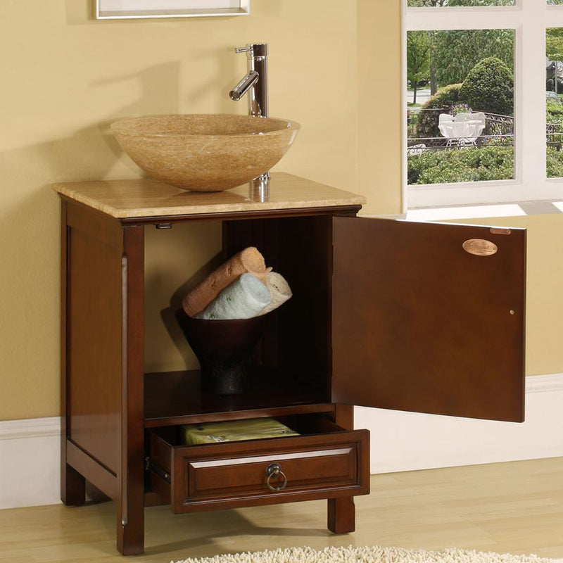 Silkroad Exclusive HYP-0158-T-22_S29B 22" American Chestnut vanity with vessel, door and drawer open