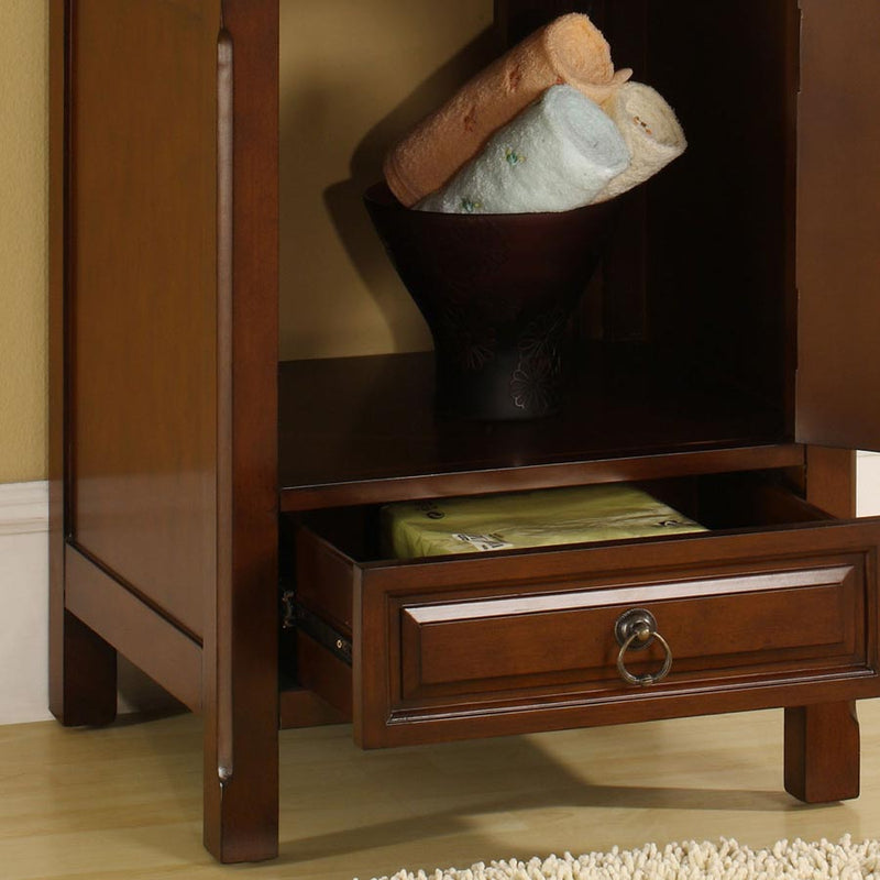 Silkroad Exclusive HYP-0158-T-22_S29B 22" American Chestnut vanity with vessel, close-up of the open drawer and shelf