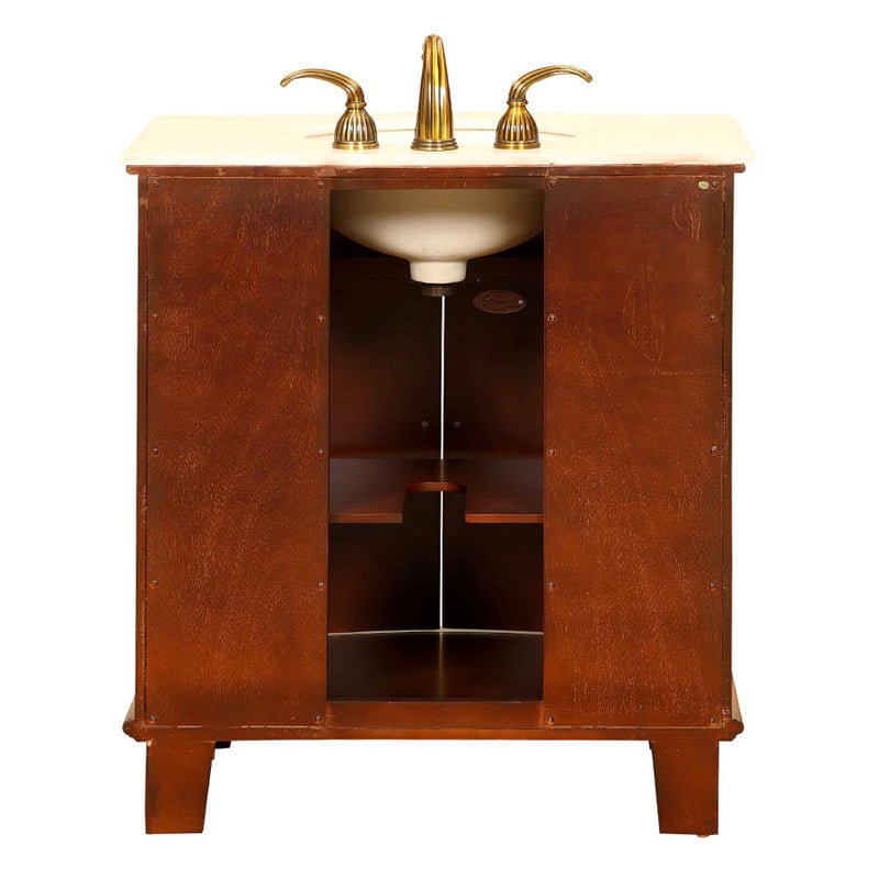 Silkroad Exclusive HYP-0204-CM-UIC-33 33" Cherry single sink vanity, Crema Marfil top, back view showing the plumbing opening