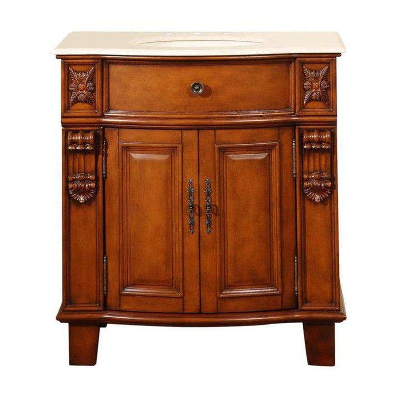 Silkroad Exclusive HYP-0204-CM-UIC-33 33" Cherry single sink vanity, Crema Marfil top, front view on white
