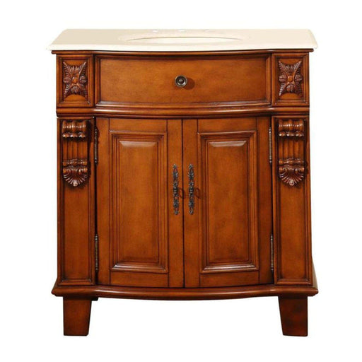 Silkroad Exclusive HYP-0204-CM-UIC-33 33" Cherry single sink vanity, Crema Marfil top, front view on white