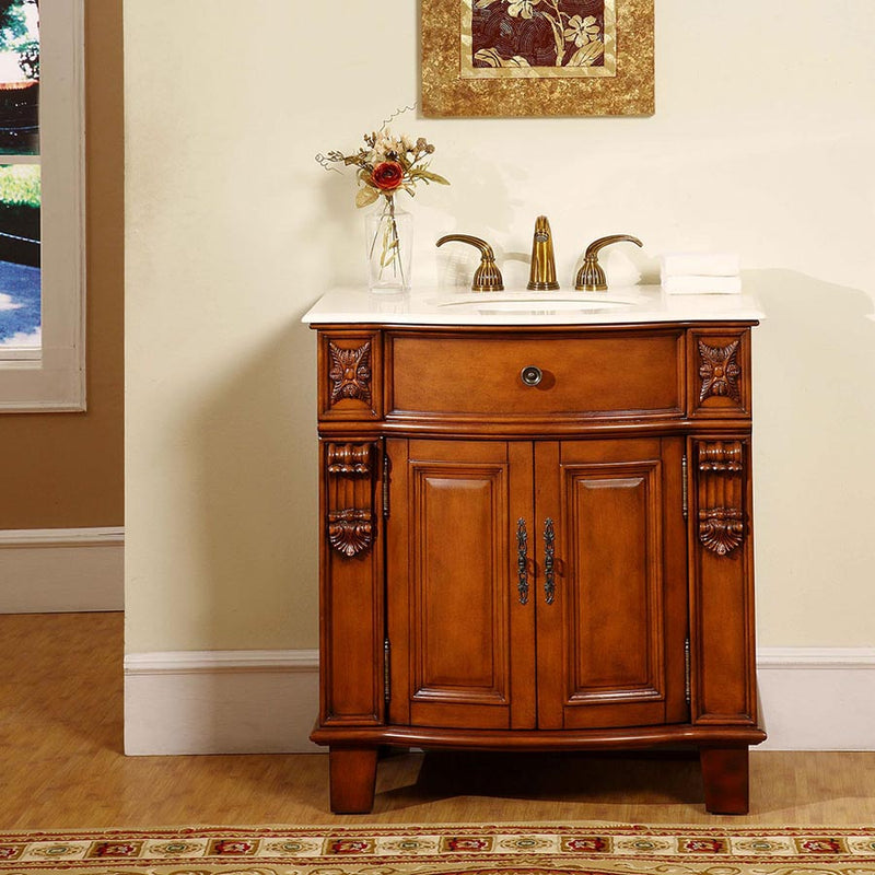 Silkroad Exclusive HYP-0204-CM-UIC-33 33" Cherry single sink vanity, Crema Marfil top, installed in a bathroom, front view