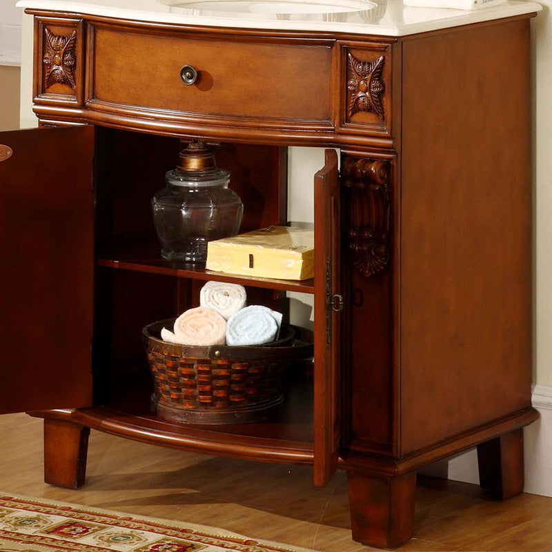 Silkroad Exclusive HYP-0204-CM-UIC-33 33" Cherry single sink vanity, close-up of the open drawers and cabinet interior