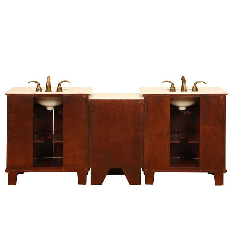 Silkroad Exclusive HYP-0204-CM-UIC-84 84" Cherry double sink modular vanity, back view showing the plumbing opening