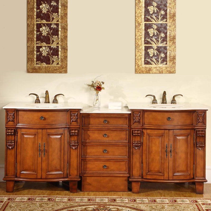 Silkroad Exclusive HYP-0204-CM-UIC-84 84" Cherry double sink modular vanity, installed in a bathroom, front view