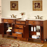 Silkroad Exclusive HYP-0204-CM-UIC-84 84" Cherry double sink modular vanity, doors and drawers open showing the storage