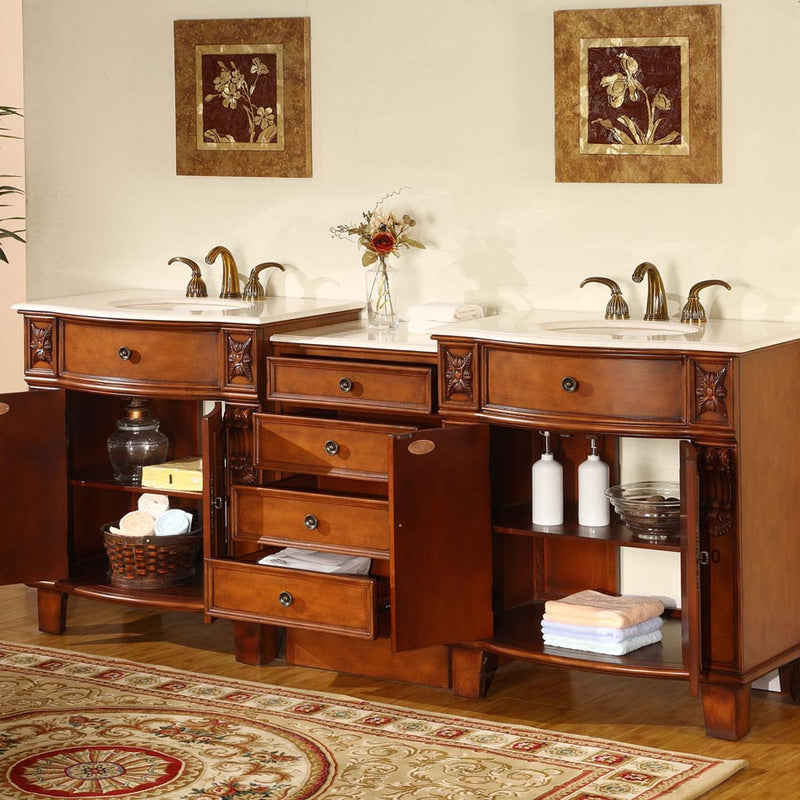 Silkroad Exclusive HYP-0204-CM-UIC-84 84" Cherry double sink modular vanity, doors and drawers open showing the storage