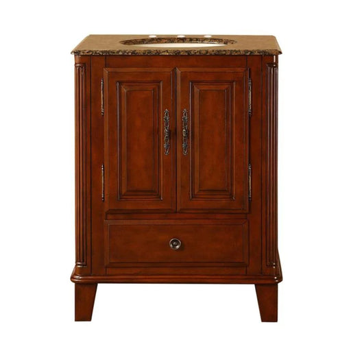 Silkroad Exclusive HYP-0207-BB-UIC-28 28" Special Walnut vanity with Baltic Brown granite top, front view on white