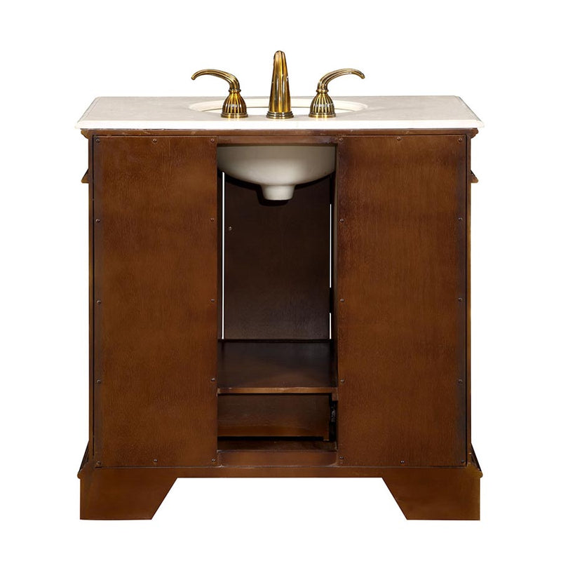 Silkroad Exclusive HYP-0212-CM-UIC-36 36" English Chestnut single sink vanity, back view showing the plumbing opening