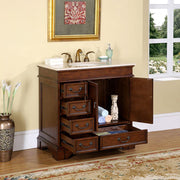 Silkroad Exclusive HYP-0212-CM-UIC-36 36" English Chestnut single sink vanity, doors and drawers open showing the storage
