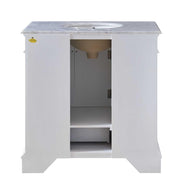 Silkroad Exclusive HYP-0212-WM-UWC-36 36" White single sink vanity, Carrara top, back view showing the plumbing opening