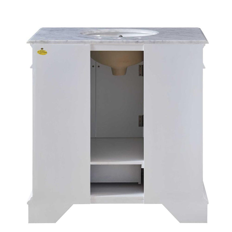Silkroad Exclusive HYP-0212-WM-UWC-36 36" White single sink vanity, Carrara top, back view showing the plumbing opening