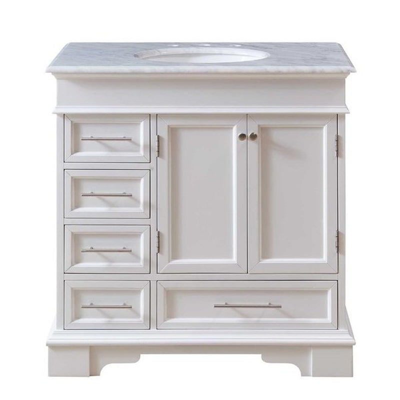 Silkroad Exclusive HYP-0212-WM-UWC-36 36" White single sink vanity, Carrara top, front view on white
