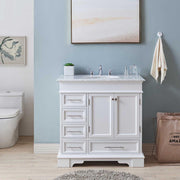 Silkroad Exclusive HYP-0212-WM-UWC-36 36" White single sink vanity, Carrara top, installed in a bathroom, front view