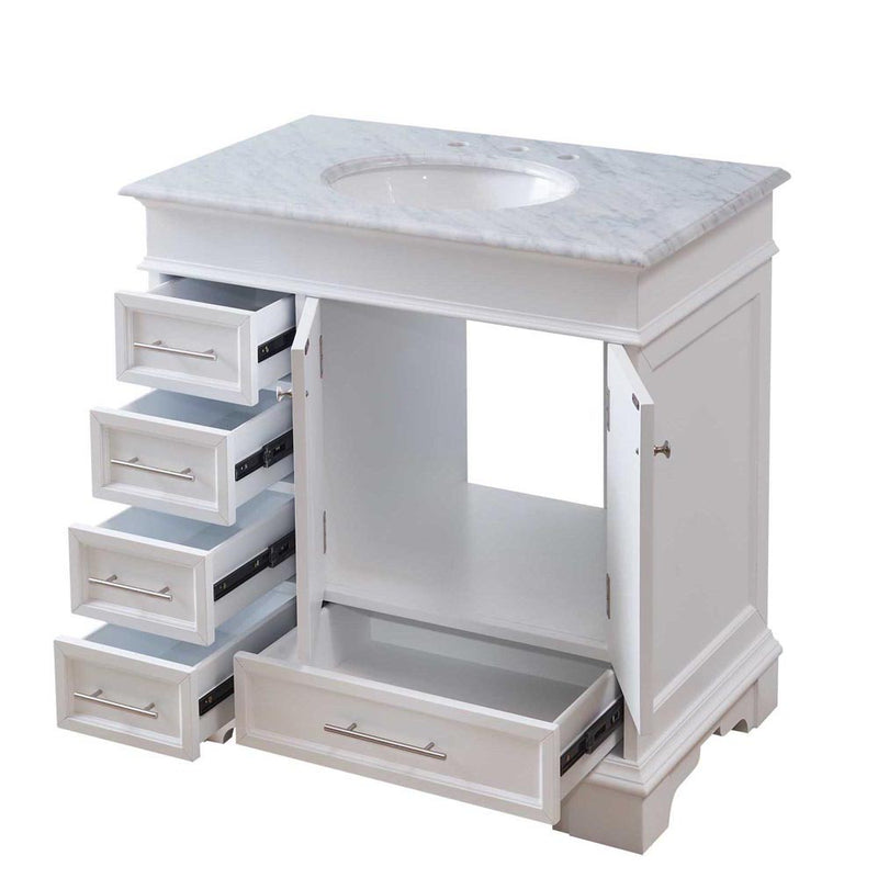 Silkroad Exclusive HYP-0212-WM-UWC-36 36" White single sink vanity, three-quarter view with doors and drawers open, on white