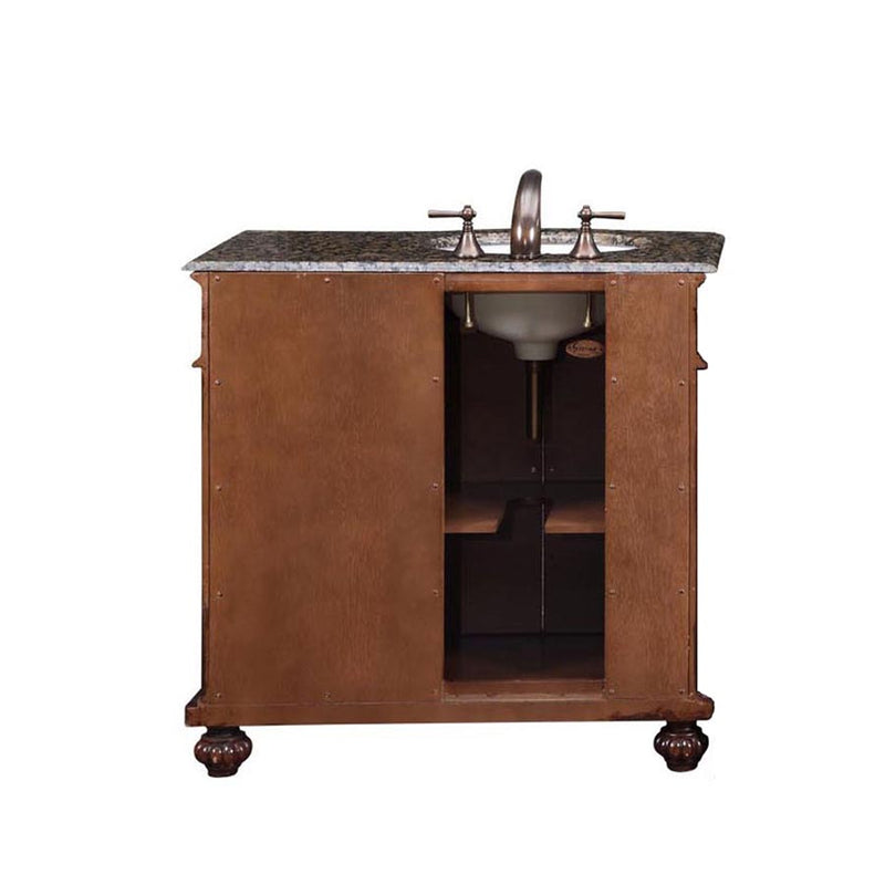Silkroad Exclusive HYP-0213-BB-UWC-36-L 36" English Chestnut vanity, left sink, back view showing the plumbing opening