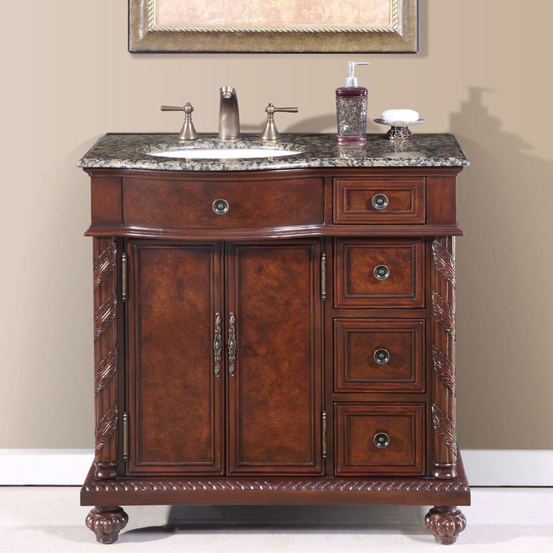 Silkroad Exclusive HYP-0213-BB-UWC-36-L 36" English Chestnut vanity, left sink, installed in a bathroom, front view