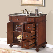 Silkroad Exclusive HYP-0213-BB-UWC-36-L 36" English Chestnut vanity, left sink, doors and drawers open showing the storage