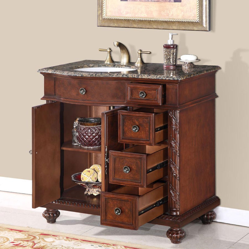 Silkroad Exclusive HYP-0213-BB-UWC-36-L 36" English Chestnut vanity, left sink, doors and drawers open showing the storage