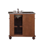 Silkroad Exclusive HYP-0213-BB-UWC-36-R 36" English Chestnut vanity, right sink, back view showing the plumbing opening