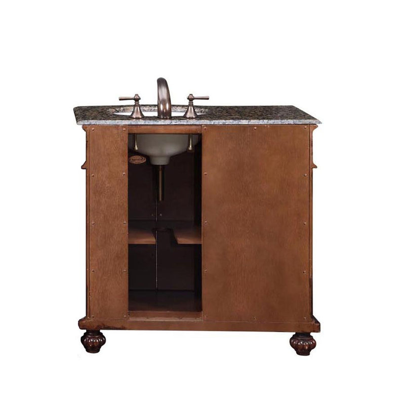 Silkroad Exclusive HYP-0213-BB-UWC-36-R 36" English Chestnut vanity, right sink, back view showing the plumbing opening
