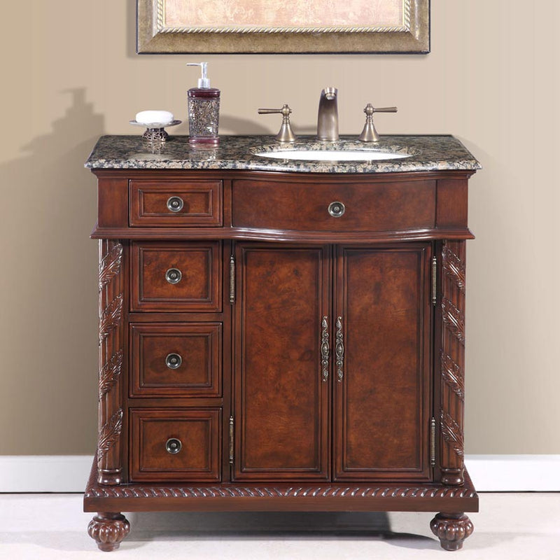 Silkroad Exclusive HYP-0213-BB-UWC-36-R 36" English Chestnut vanity, right sink, installed in a bathroom, front view