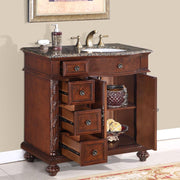 Silkroad Exclusive HYP-0213-BB-UWC-36-R 36" English Chestnut vanity, right sink, doors and drawers open showing the storage