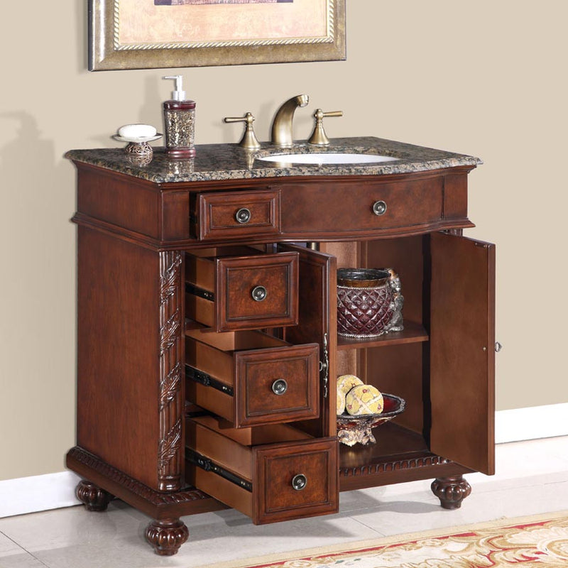 Silkroad Exclusive HYP-0213-BB-UWC-36-R 36" English Chestnut vanity, right sink, doors and drawers open showing the storage