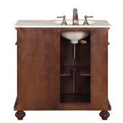 Silkroad Exclusive HYP-0213-CM-UIC-36-L 36" English Chestnut vanity, left sink, back view showing the plumbing opening