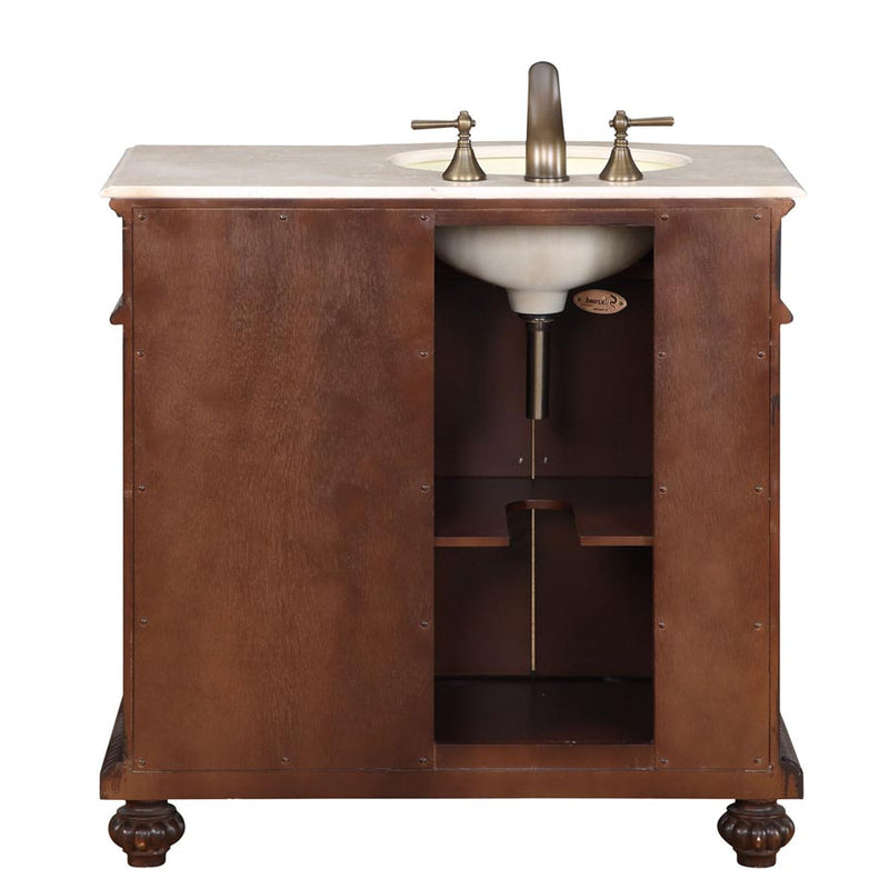 Silkroad Exclusive HYP-0213-CM-UIC-36-L 36" English Chestnut vanity, left sink, back view showing the plumbing opening
