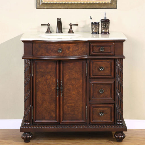 Silkroad Exclusive HYP-0213-CM-UIC-36-L 36" English Chestnut vanity, left sink, installed in a bathroom, front view