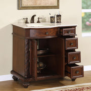 Silkroad Exclusive HYP-0213-CM-UIC-36-L 36" English Chestnut vanity, left sink, doors and drawers open showing the storage