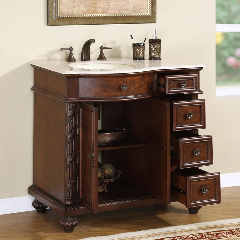 Silkroad Exclusive HYP-0213-CM-UIC-36-L 36" English Chestnut vanity, left sink, doors and drawers open showing the storage