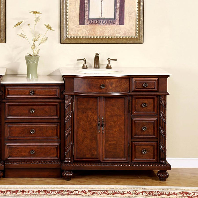 Silkroad Exclusive HYP-0213-CM-UIC-56-L 55.5" English Chestnut modular vanity, left sink, installed in a bathroom, front view