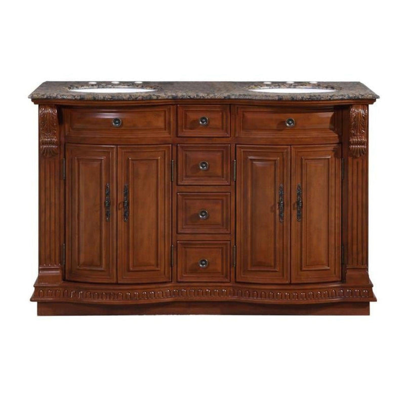 Silkroad Exclusive HYP-0223-BB-UWC-55 55" Cherry double sink vanity with Baltic Brown granite top, front view on white