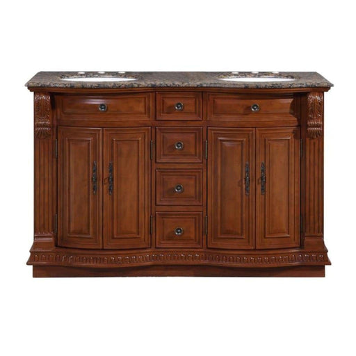 Silkroad Exclusive HYP-0223-BB-UWC-55 55" Cherry double sink vanity with Baltic Brown granite top, front view on white