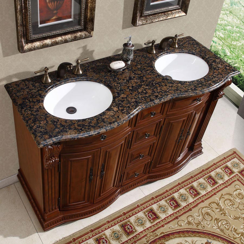 Silkroad Exclusive HYP-0223-BB-UWC-55 high angle of the Baltic Brown granite top and two white oval sinks