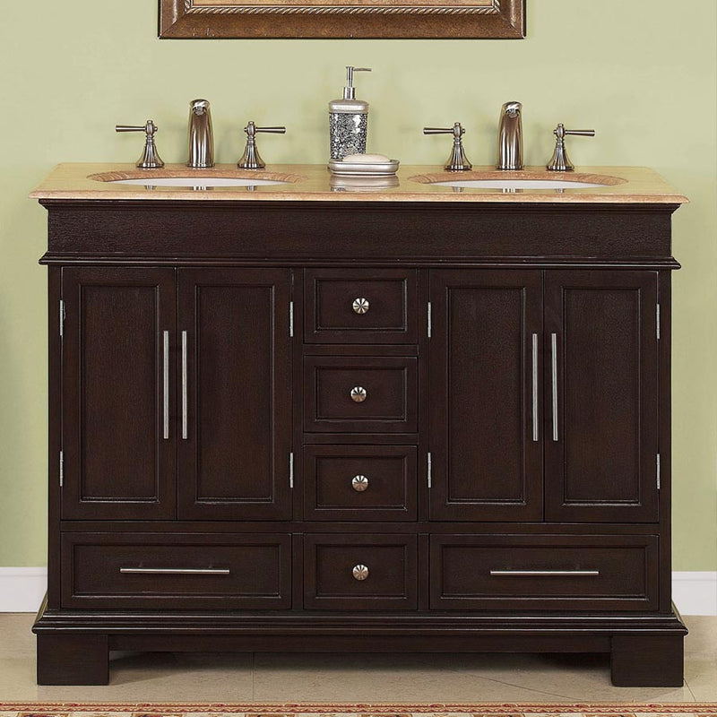 Silkroad Exclusive HYP-0224-T-UWC-48 48" Dark Walnut double vanity, front view in a bathroom