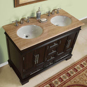 Silkroad Exclusive HYP-0224-T-UWC-48 48" Dark Walnut double vanity, angled room view showing the two white sinks